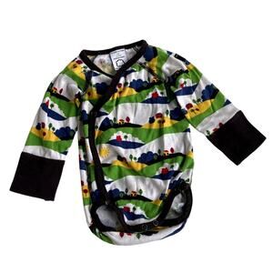 Polarn O Pyret Organic Cotton Long Sleeve Farm Wrap Bodysuit - Blue Green - 2-4M